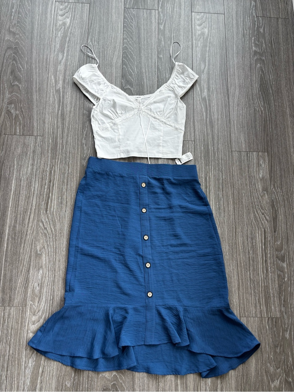 mine Blue Button-Front Ruffle-Hem Midi Skirt & white Top